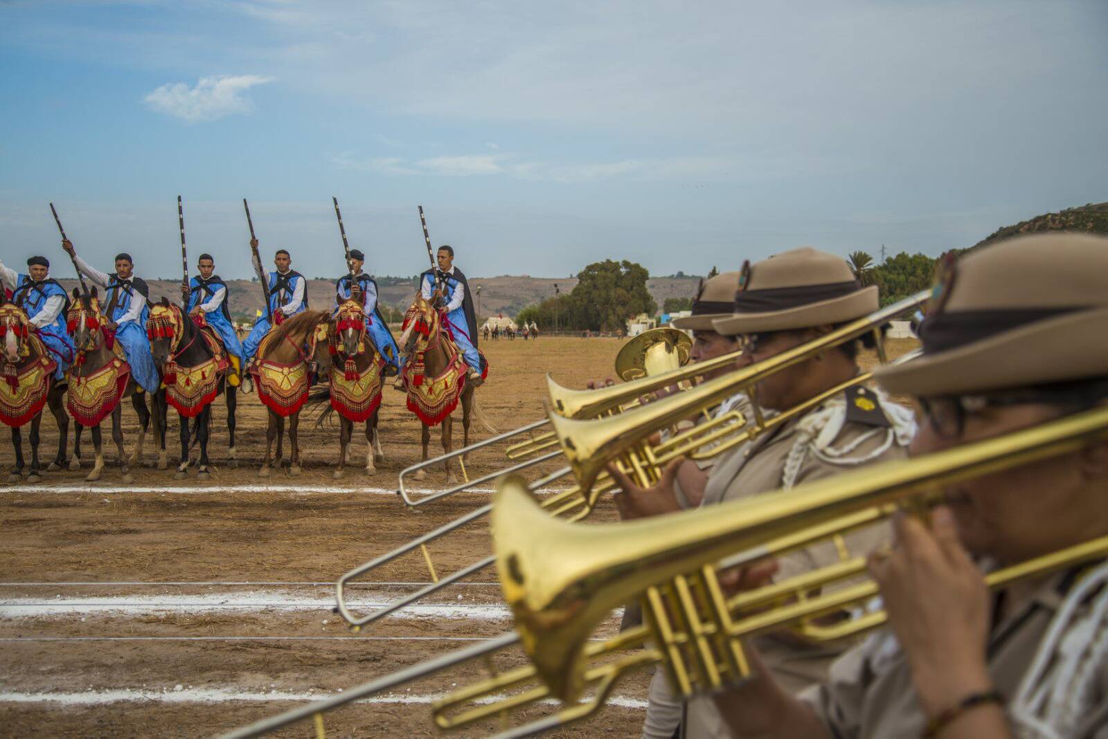 Ceremonial royal guard cavalry on horseback in traditional uniform during a parade
