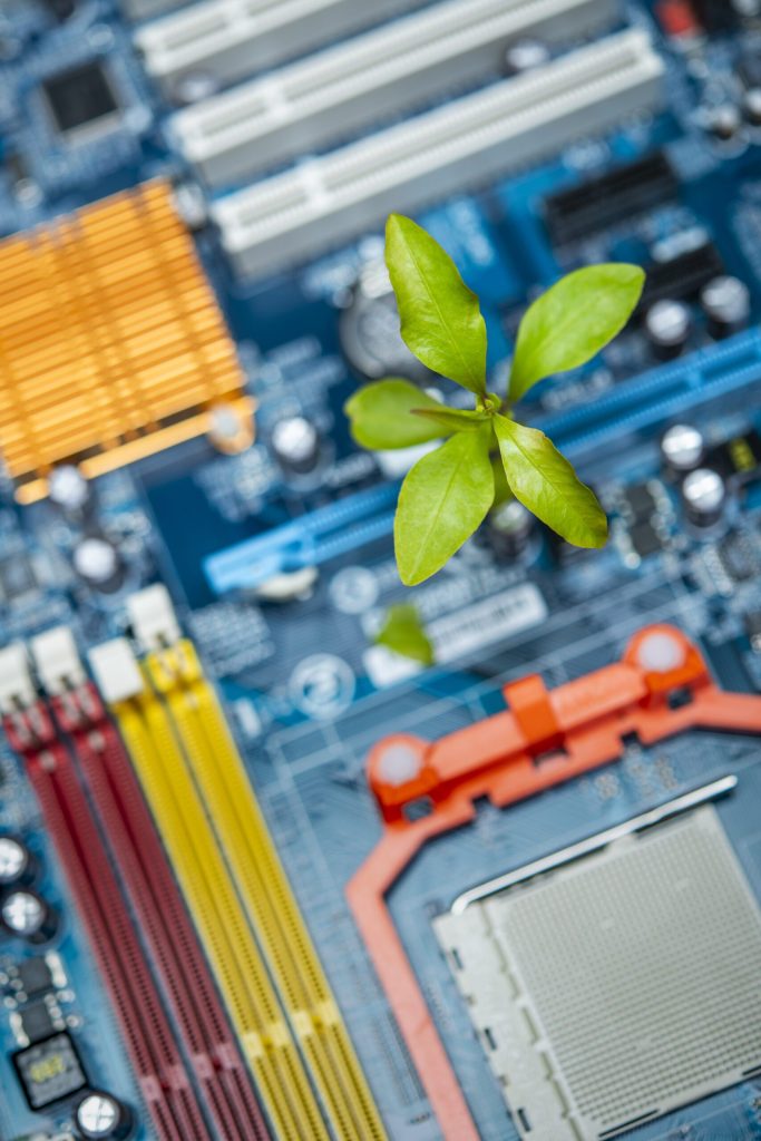 Macro shot of a computer circuit board with a small green sprout growing from it, symbolizing small-business growth for GIZ's PROMET program