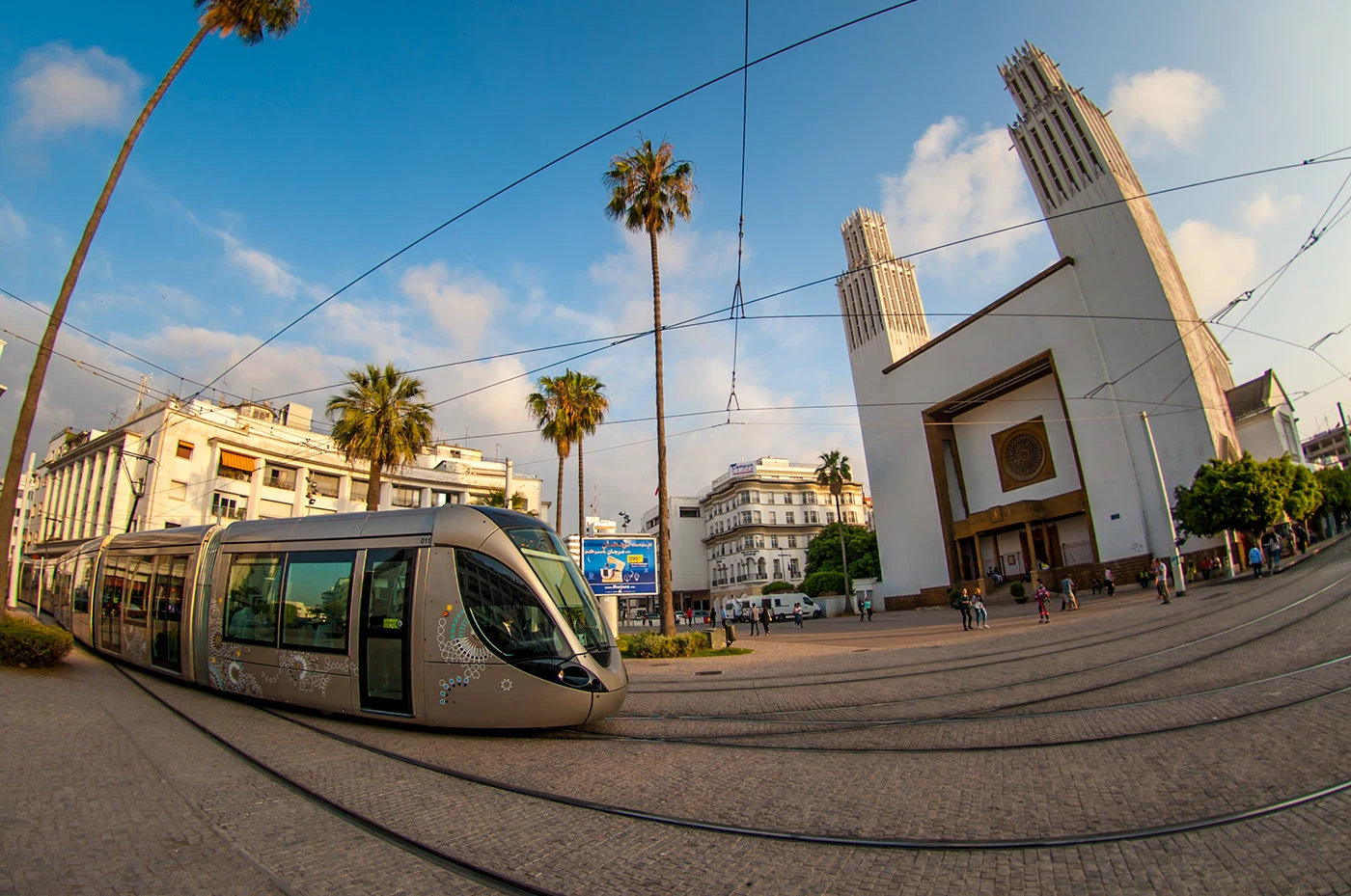 Documentary photo of the Rabat-Salé tramway, showing platform signage along the line.